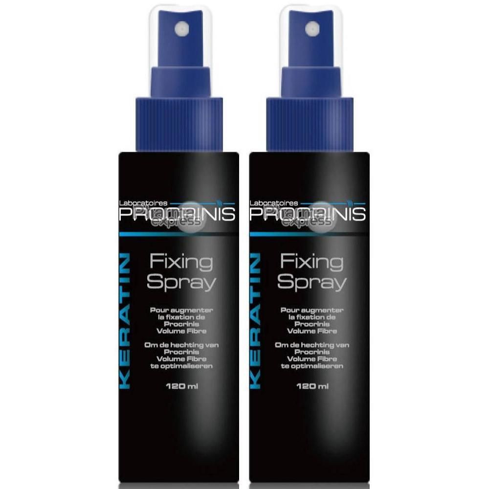 Deux flacons de Procrinis Fixing Spray de 120 ml chacun.