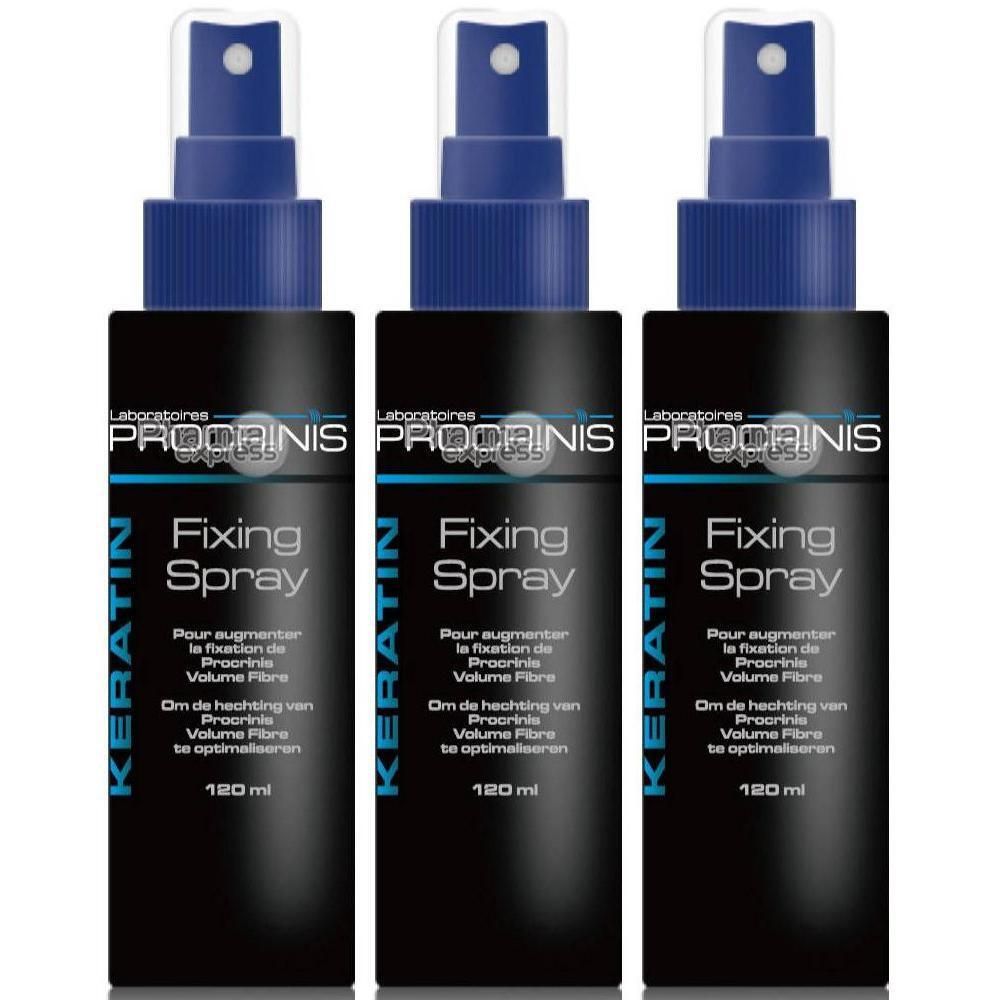 Trois flacons de Procrinis Fixing Spray à la kératine, 120 ml.