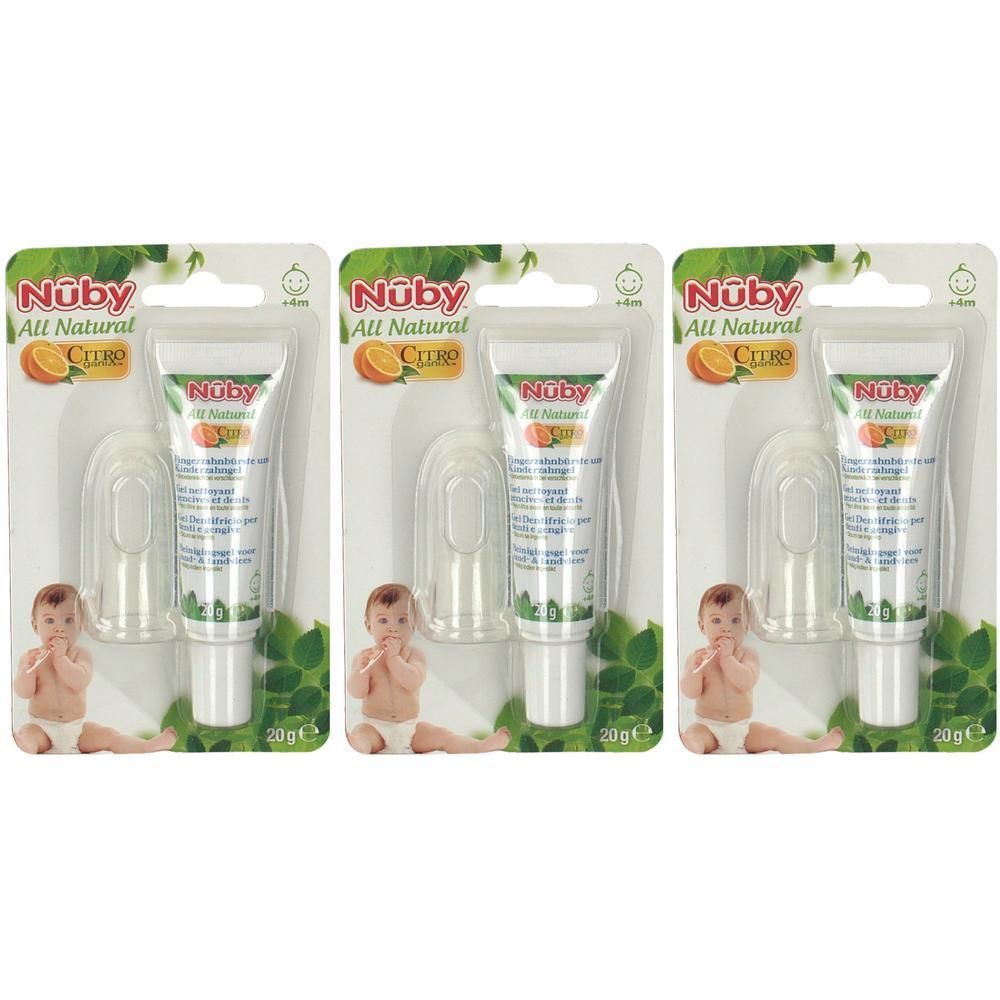 Trois tubes de dentifrice Nûby Citroganix avec brosses à dents pour doigt.