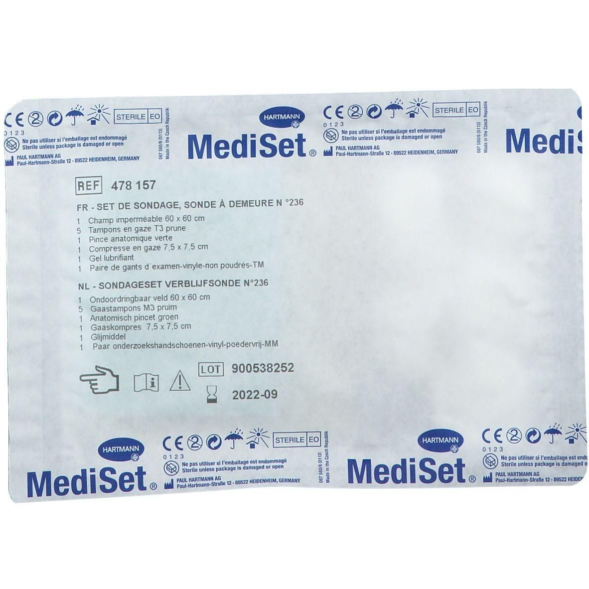 Hartmann MediSet Set de sondage N°236: Emballage stérile contenant gants, pince, tampons et gel lubrifiant.