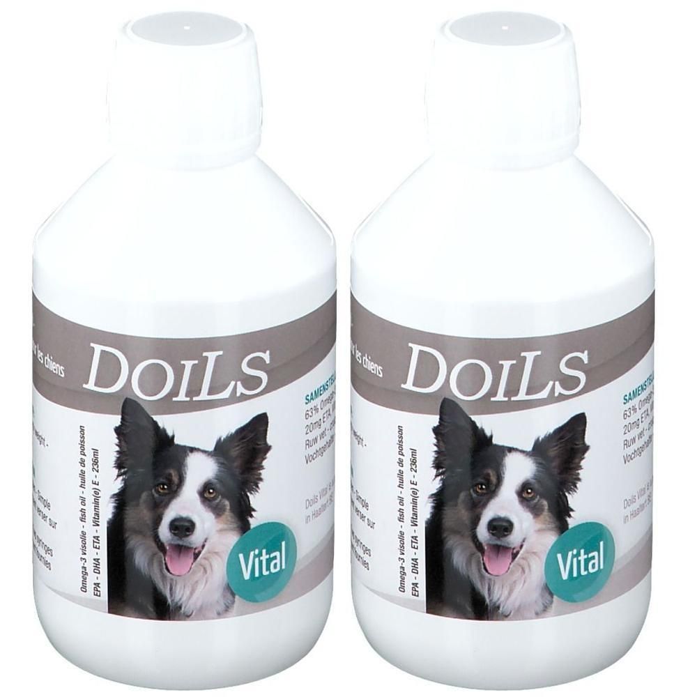 Twee flessen Doils Vital met honden gezicht en Vital logo.