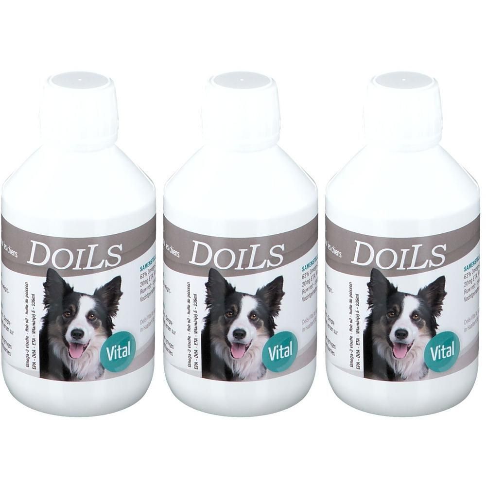 Trois bouteilles blanches de compléments alimentaires pour chiens. Chaque bouteille présente un Border Collie et le mot "Vital".