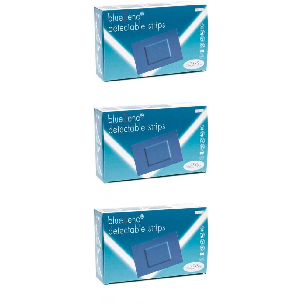 Trois boîtes de bandelettes détectables BlueZeno, 7,5cm x 5cm.