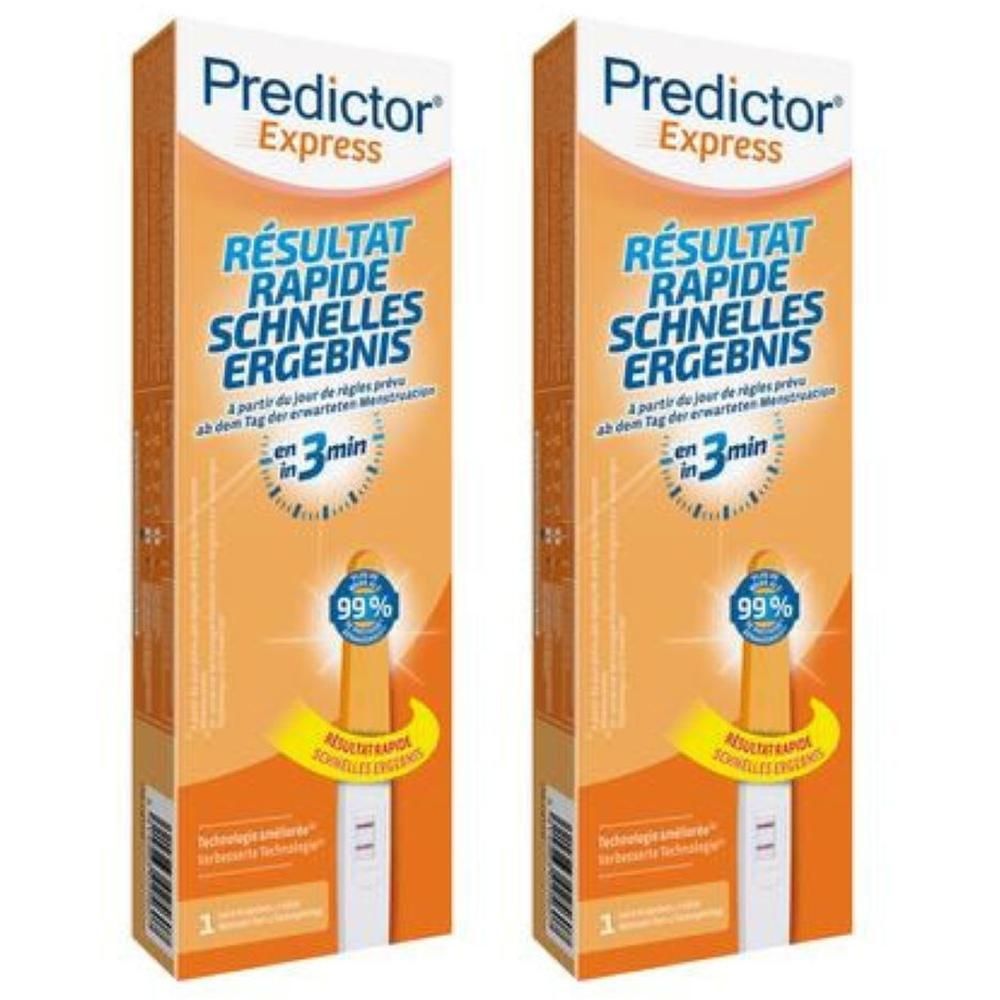 Deux boîtes de tests de grossesse Predictor Express. Résultat rapide en 3 minutes avec 99% de précision.