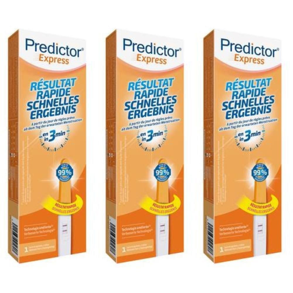 Trois boîtes de tests de grossesse Predictor Express. Résultat rapide en 3 minutes, précision de 99%.