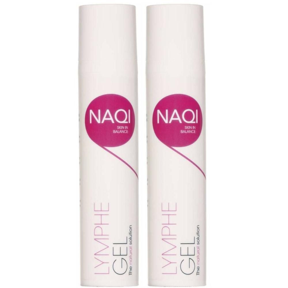 Deux flacons blancs NAQI Lymphe Gel avec cercle rose et logo.