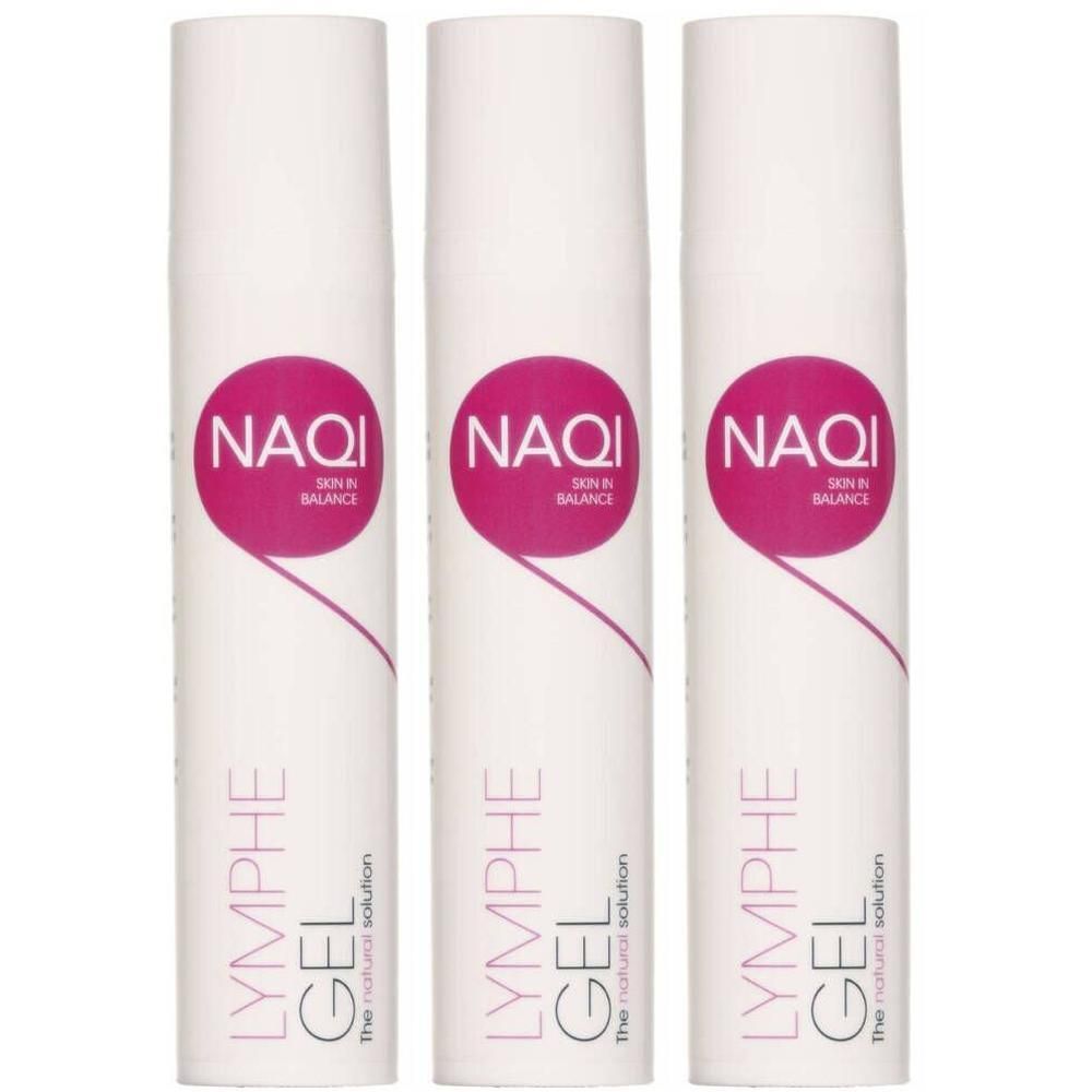 Trois flacons blancs de NAQI Lymphe Gel. Chaque flacon présente un logo circulaire rose 'NAQI SKIN IN BALANCE'.