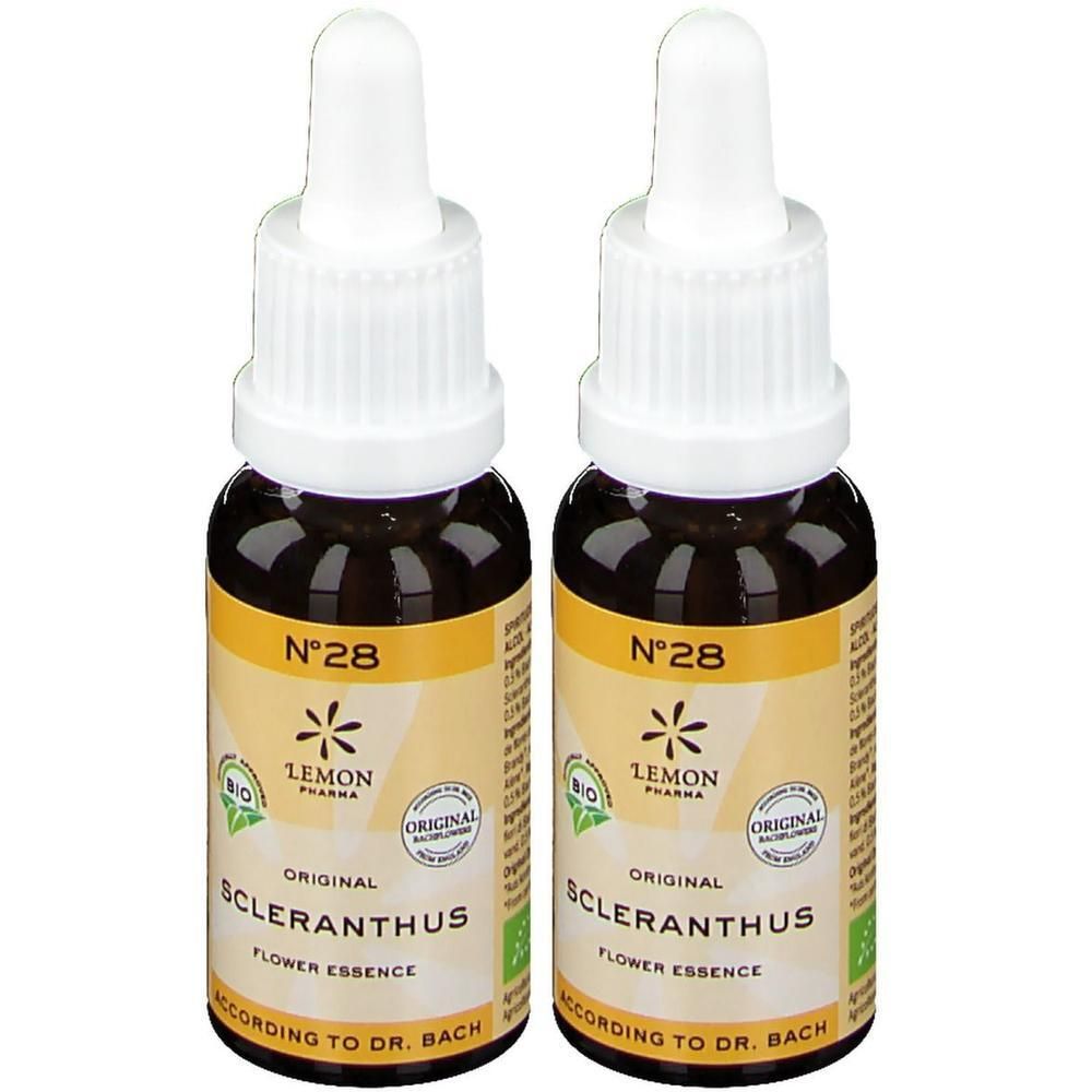 Twee flesjes Bio Scleranthus Bachbloesem Nr. 28 van Lemon Pharma.