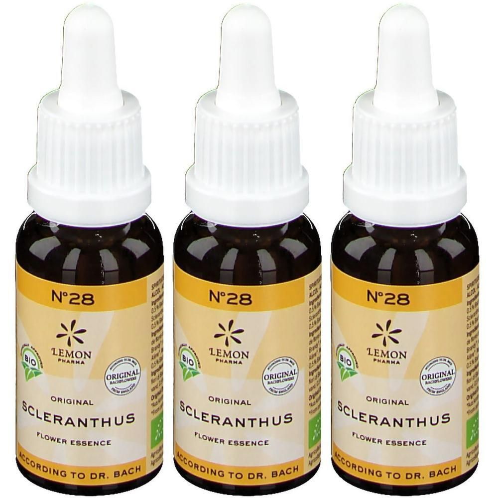 Trois flacons de Scleranthus N°28 Fleurs de Bach Bio par Lemon Pharma.