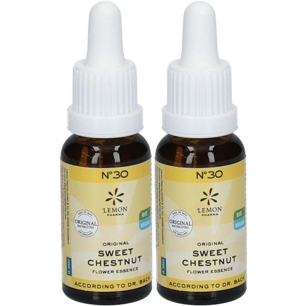 Twee flesjes met druppeldop, geel etiket met "Sweet Chestnut" en "Flower Essence".