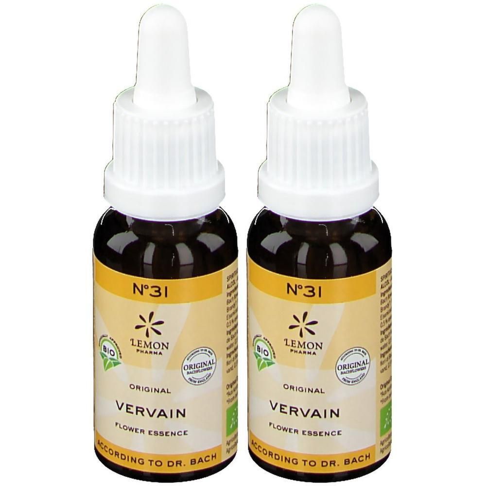 Deux flacons d'élixir floral de Bach N°31 Verveine par Lemon Pharma. Flacons en verre brun foncé avec compte-gouttes.