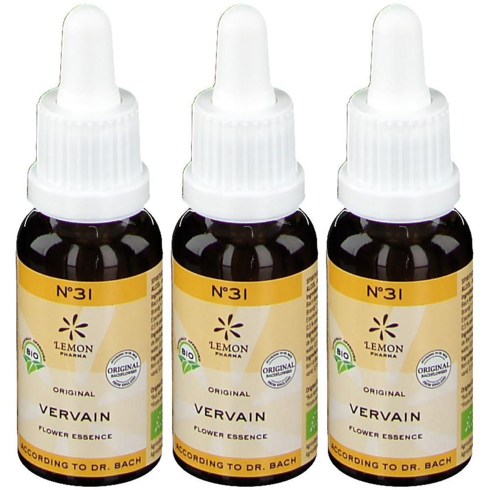 Trois flacons à étiquettes jaunes, indiquant l'essence florale "Vervain" de Lemon Pharma.