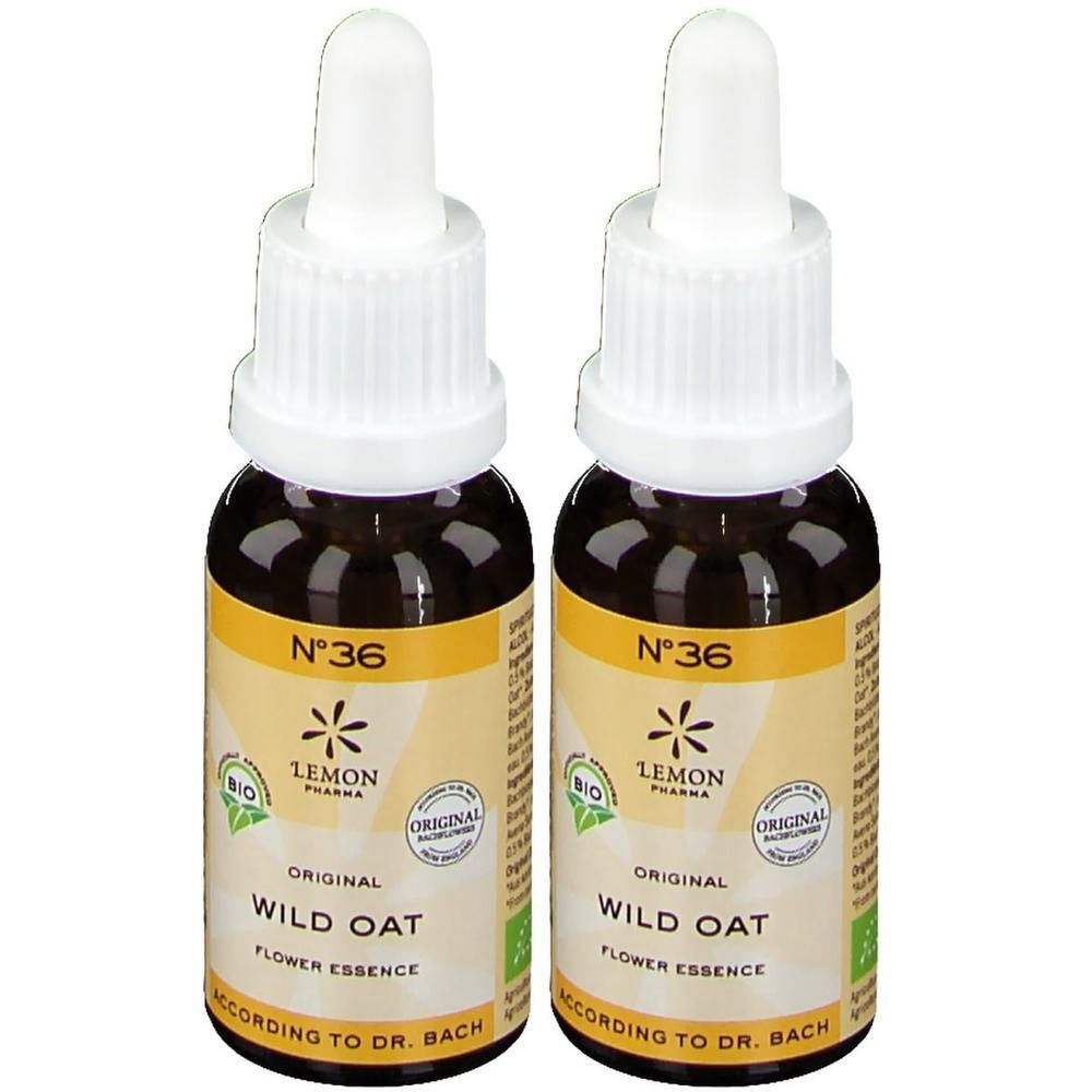 Twee flesjes Bachbloesem N°36 Wild Oat van Lemon Pharma.