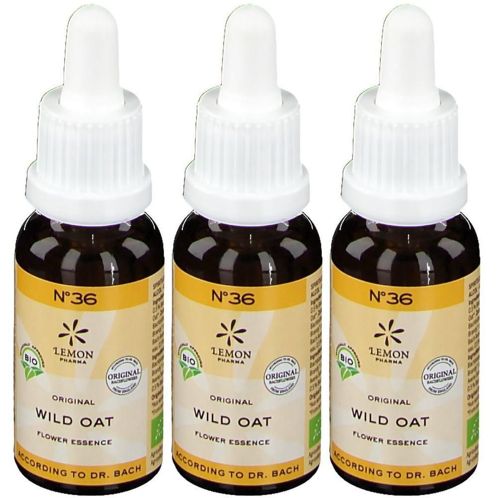 Trois flacons avec bouchon compte-gouttes, étiquette jaune avec 'N°36 WILD OAT FLOWER ESSENCE'.