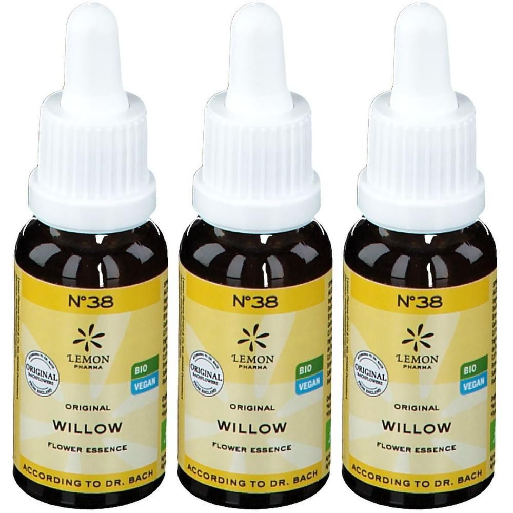 Trois flacons d'élixir floral Saule N°38 de Lemon Pharma. Flacons en verre brun avec compte-gouttes.