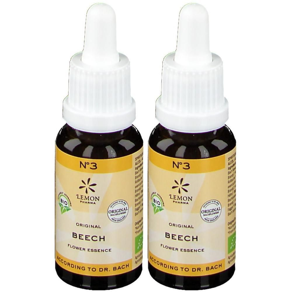 Deux flacons d'essence florale Bio N°3 Hêtre de Lemon Pharma selon Dr. Bach.