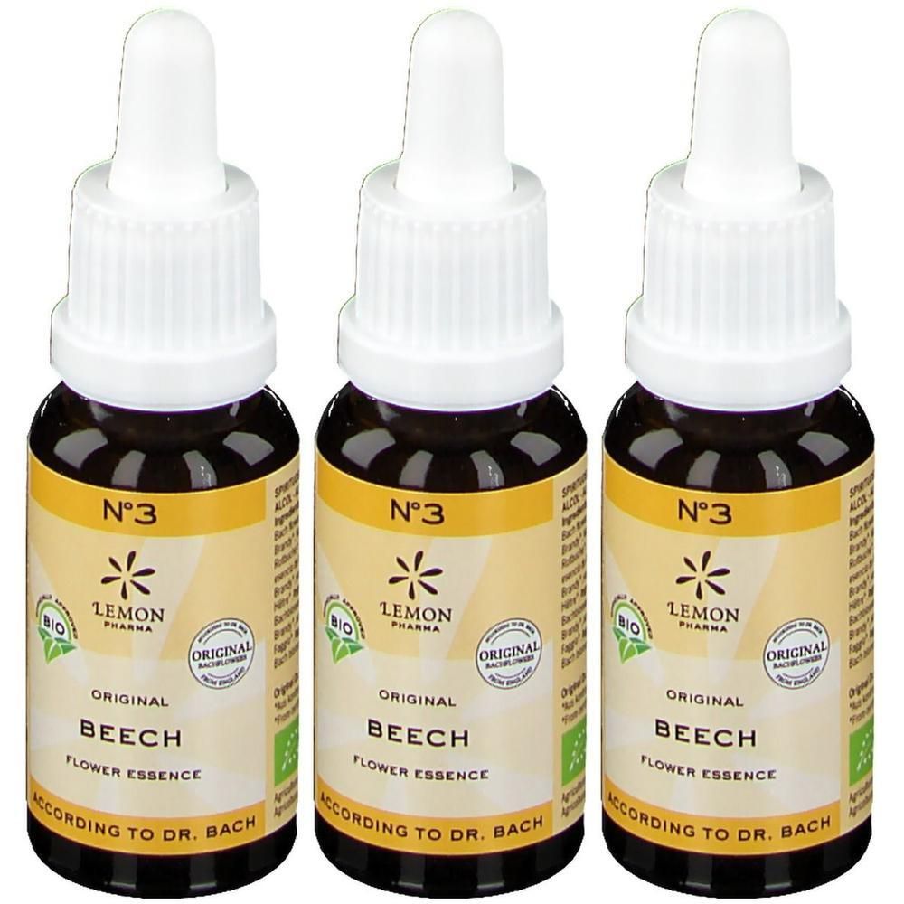Trois flacons "Beech Flower Essence" N°3 de Lemon Pharma. Flacons en verre brun avec compte-gouttes et étiquette jaune.