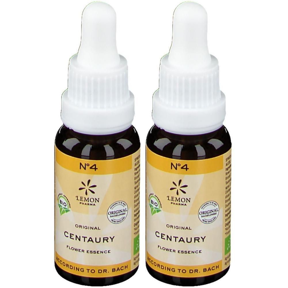 Deux flacons avec bouchon compte-gouttes, étiquette jaune "N°4 CENTAURY FLOWER ESSENCE".