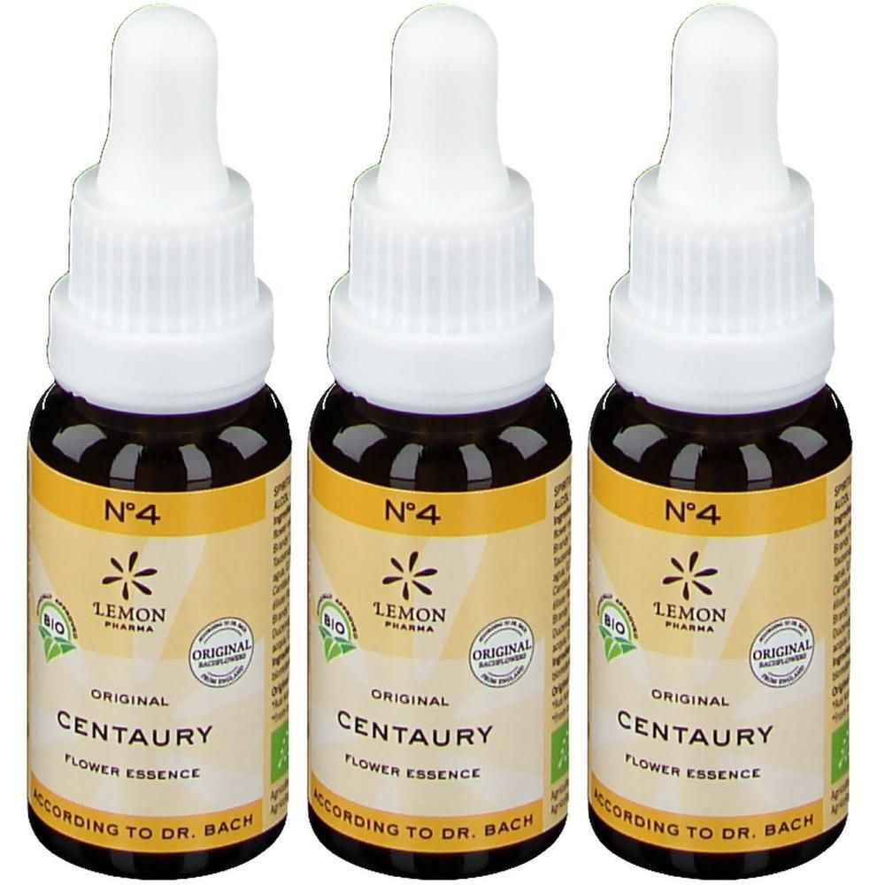 Trois flacons d'essence de fleurs de Bach Centaury N°4 de Lemon Pharma. Flacons en verre brun avec compte-gouttes.