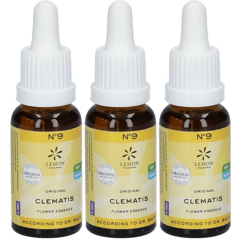 Trois flacons de Clématite Fleurs de Bach, N°9, Original, Bio, Vegan.