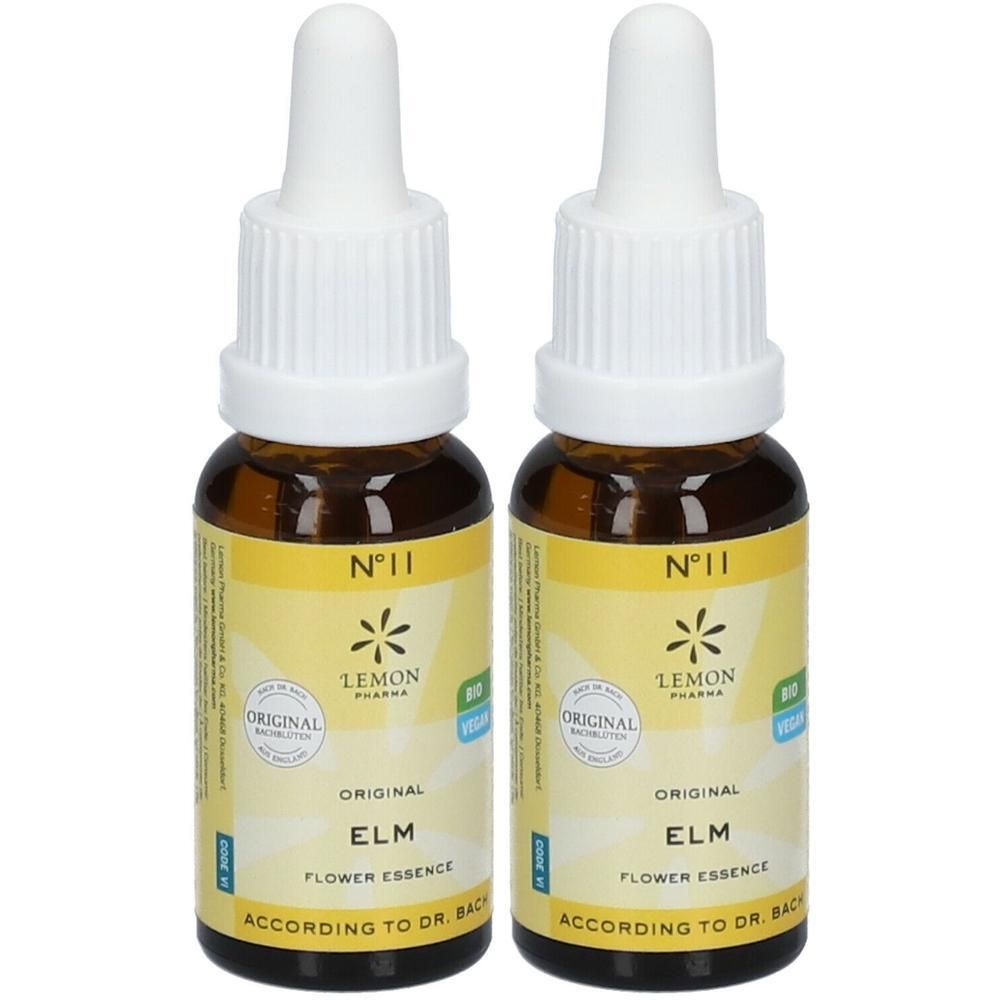 Deux flacons compte-gouttes en verre brun, étiquette jaune avec "N°11 ELM FLOWER ESSENCE".