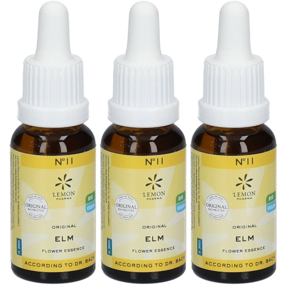 Drie flesjes "Elm Flower Essence" van Lemon Pharma, N°11, Original volgens Dr. Bach.