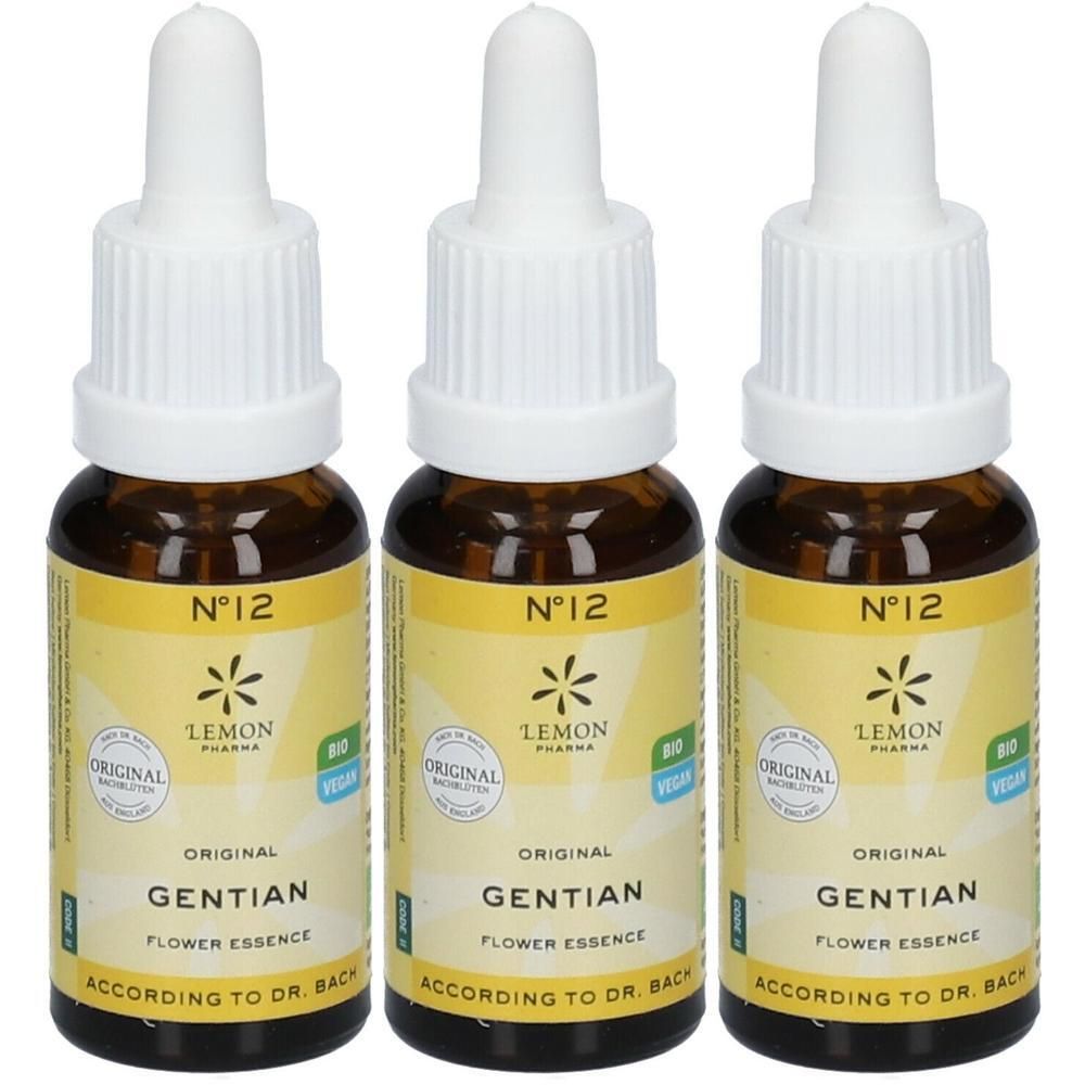 Trois flacons avec étiquette jaune, N°12 Gentian, Essence florale originale de Bach.
