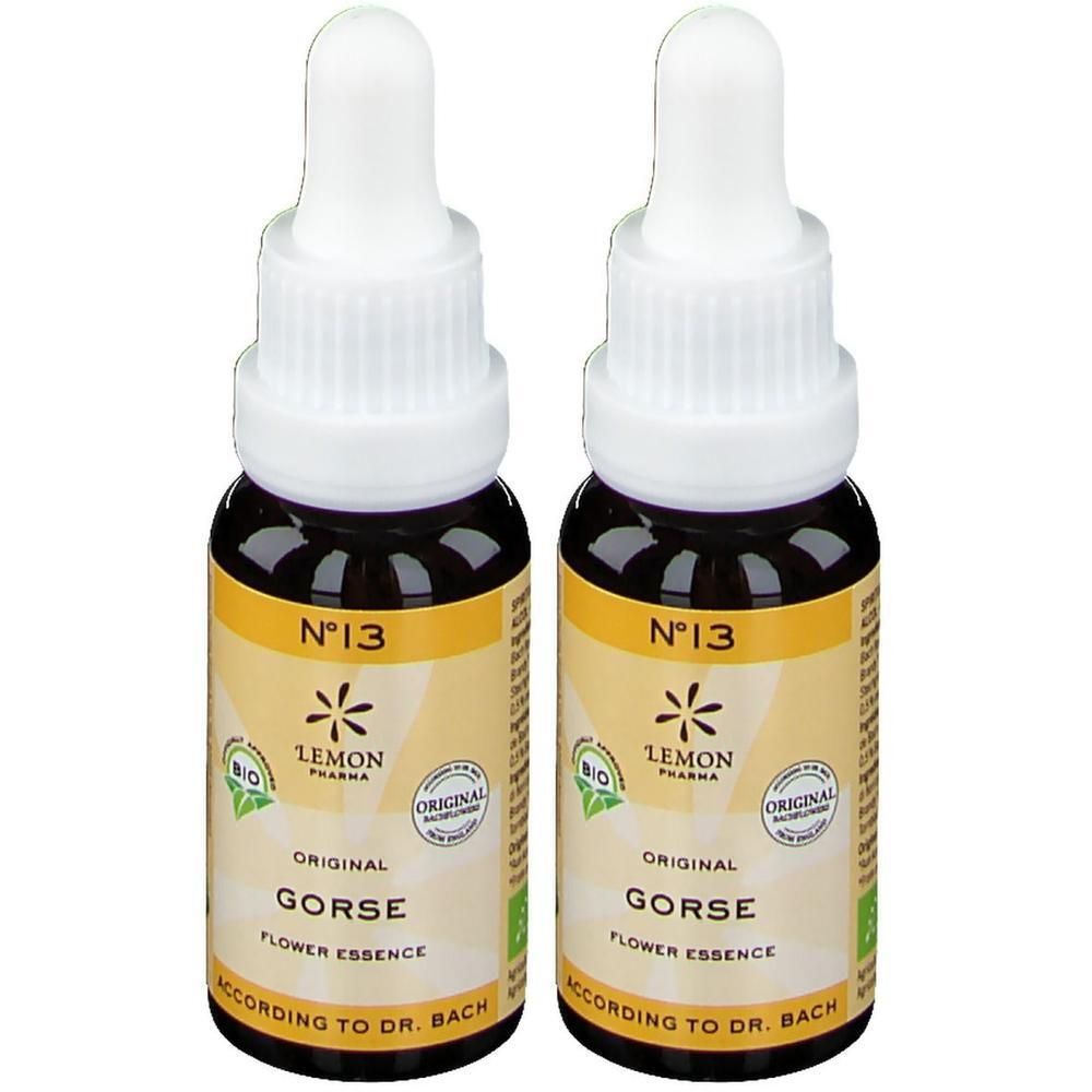 Twee flesjes met druppeldop, gevuld met gele vloeistof. Etiketten met "N°13 GORSE FLOWER ESSENCE".