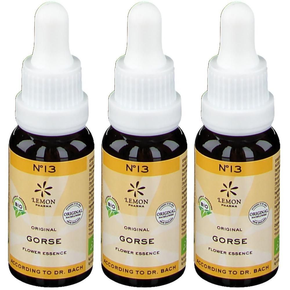 Trois flacons avec bouchon compte-gouttes, étiquette jaune avec 'N° 13 Gorse Flower Essence' et sceau bio.