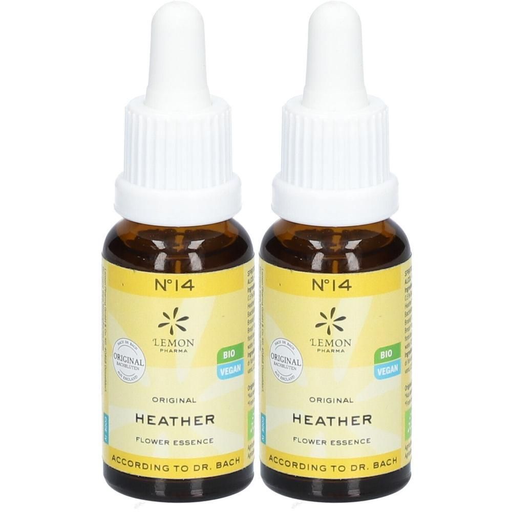 Twee flesjes Bachbloesem Nr. 14 Heather van Lemon Pharma. Bruine glazen flesjes met druppeldop.