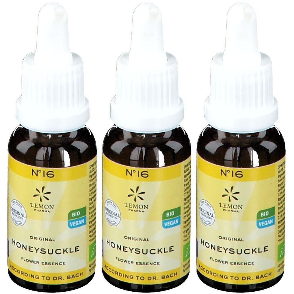 Trois flacons de gouttes Lemon Pharma Honeysuckle avec bouchons à pipette blancs. Chaque flacon contient 10 ml.