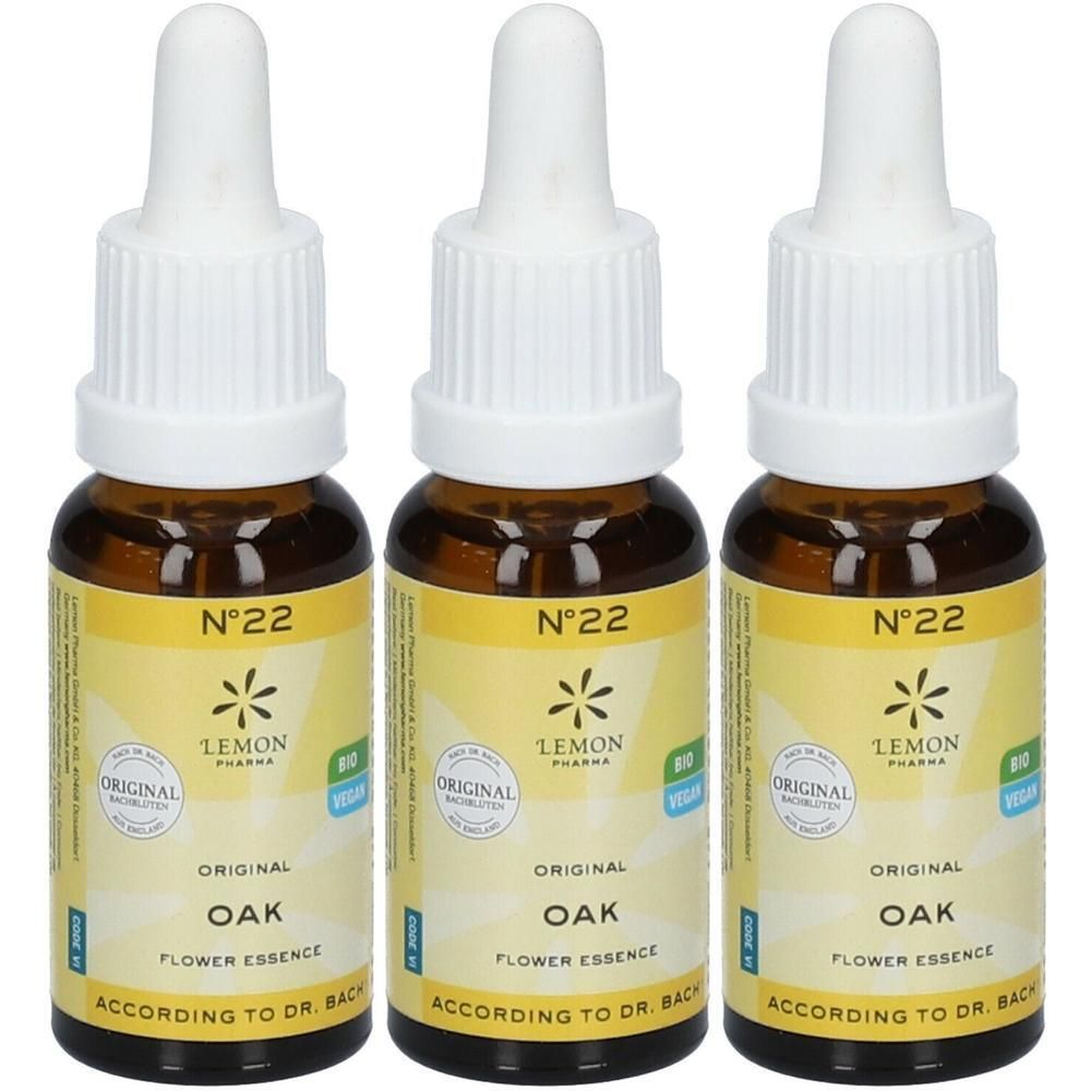 Drie flesjes 'Oak' Bach bloesem N°22 van Lemon Pharma. Bruine glazen flesjes met druppeldop.