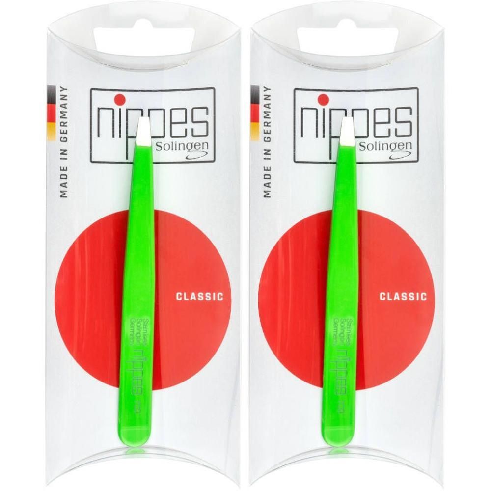 Twee groene Nippes pincetten, klassiek design, made in Germany.