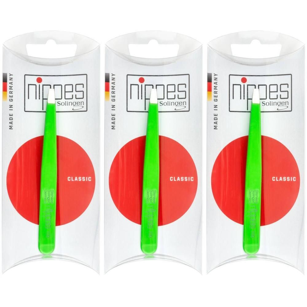 Trois paquets de pinces à épiler Nippes vertes avec un design classique et un cercle rouge.