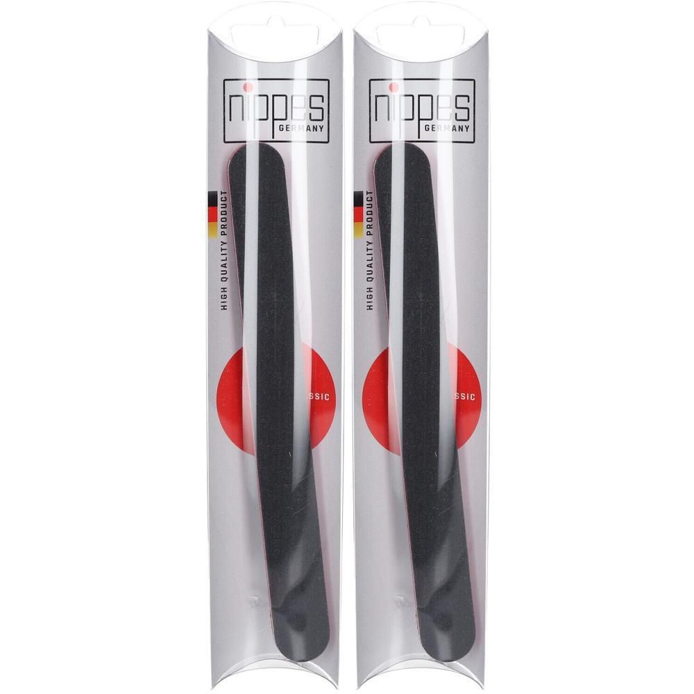 Twee zwarte nagelvijlen in doorzichtige verpakking. "Nippes Germany" en "High Quality Product" zijn erop gedrukt.