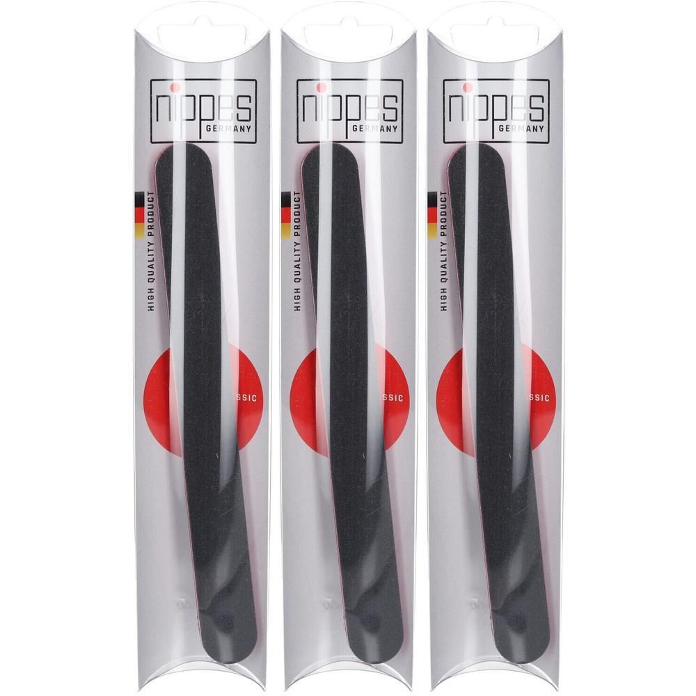 Drie zwarte nagelvijlen in doorzichtige verpakking. "Nippes Germany" en "High Quality Product" zijn zichtbaar.