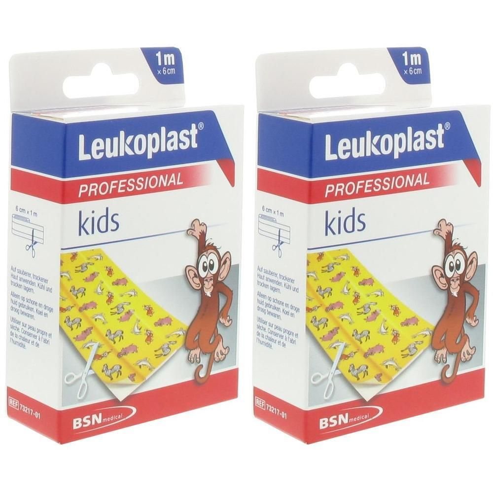 Twee pakken Leukoplast® Professional Kids pleisters met apenprint, 1m x 6cm.