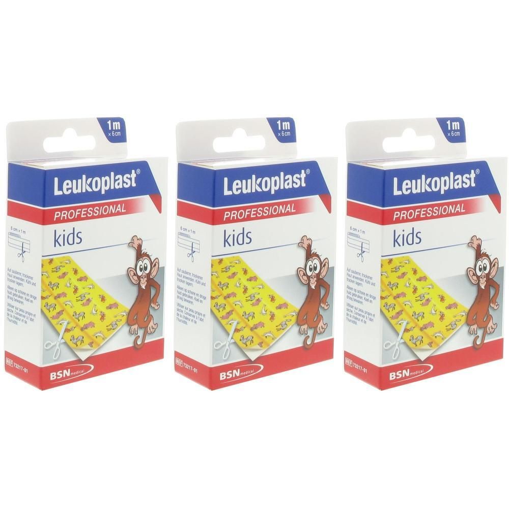 Drie pakken Leukoplast Professional Kids pleisters met apenmotief. Elke rol is 1m lang.