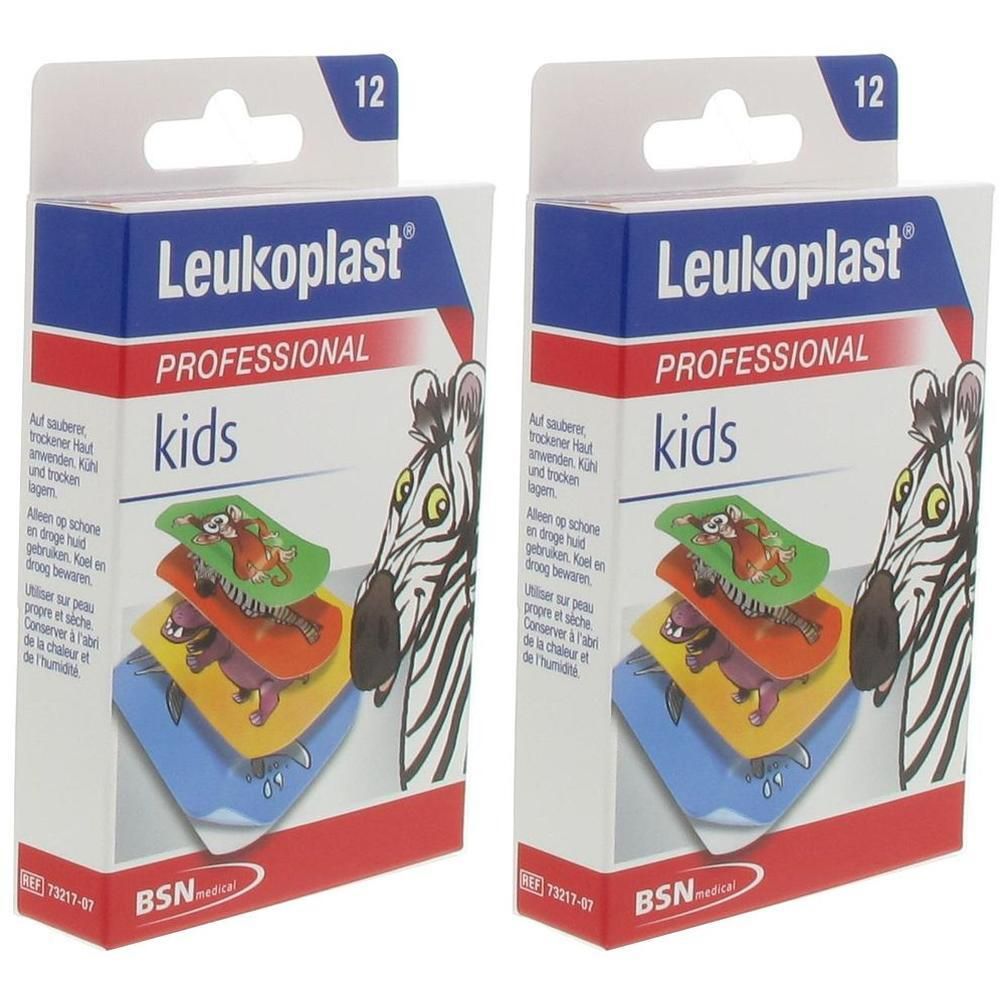 Deux paquets de pansements Leukoplast Professional Kids, 12 par paquet. Motif zèbre.