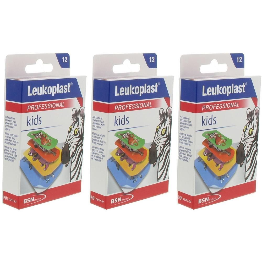 Drie pakken Leukoplast Professional Kids pleisters met dierenprints. Elk pak bevat 12 stuks.