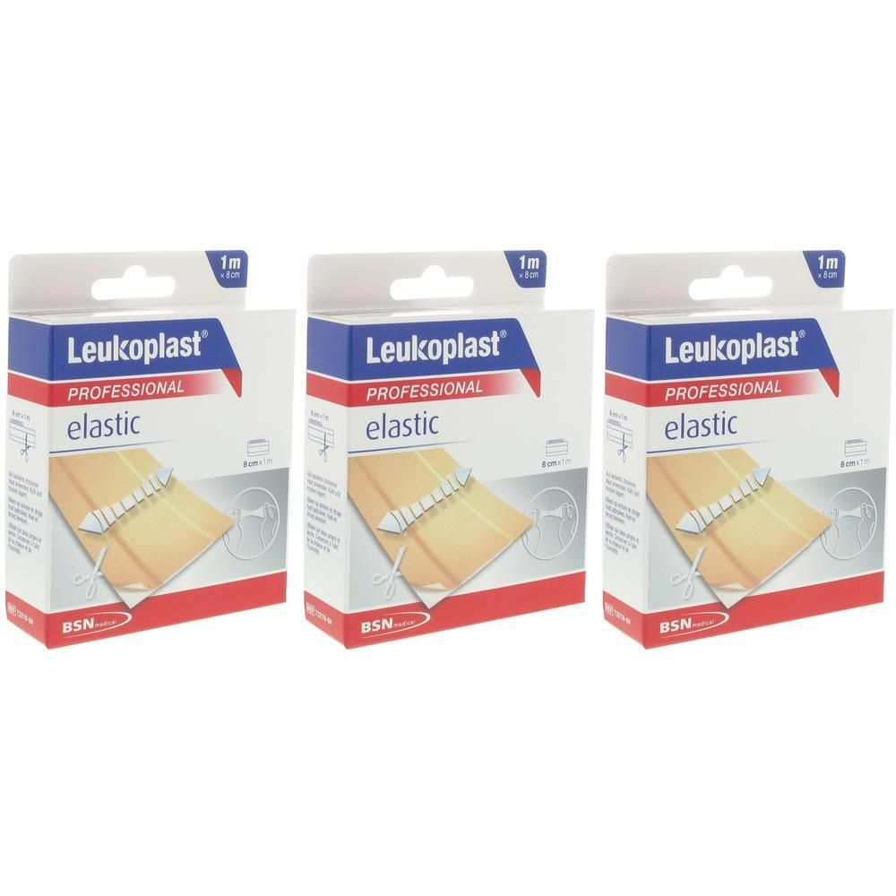 Trois paquets de rouleau de bandage élastique Leukoplast Professional, 8 cm x 1 m.