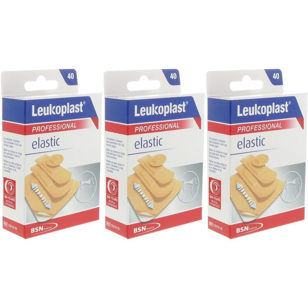 Trois boîtes de pansements Leukoplast Professional Elastic. Chaque boîte contient 40 pansements.