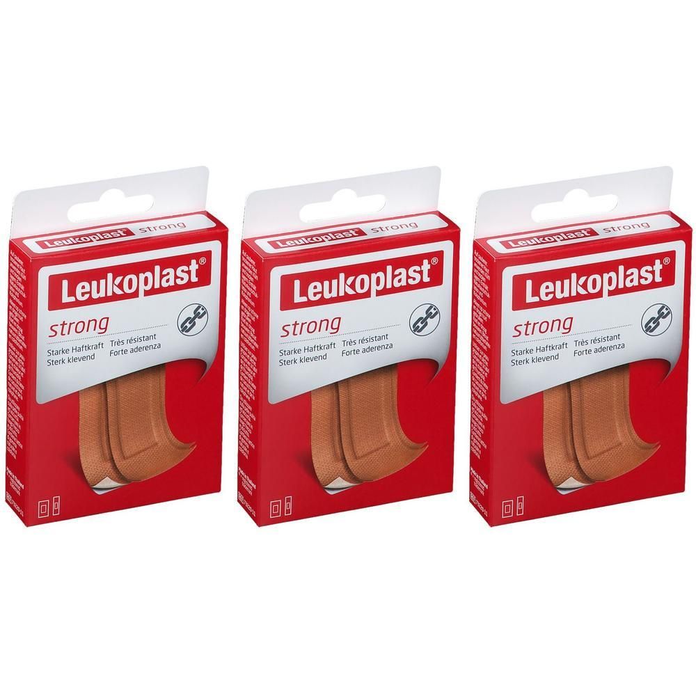 Trois paquets de pansements Leukoplast® Strong à forte adhérence.