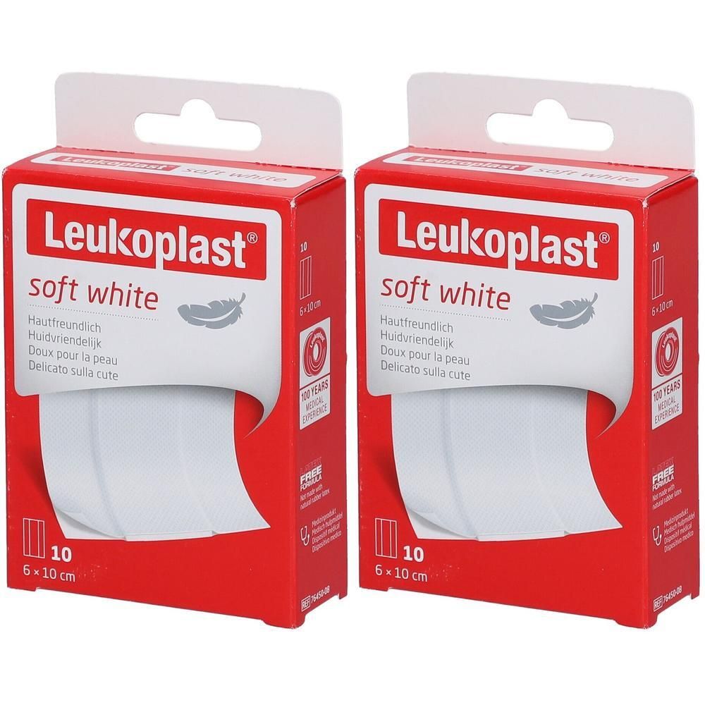 Twee pakken Leukoplast® Soft White pleisters, 6 x 10 cm.