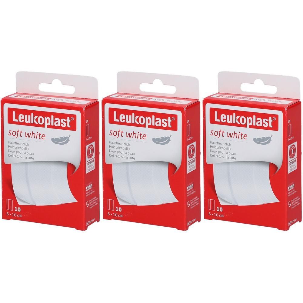 Drie pakken Leukoplast Soft White pleisters, 6 cm x 10 cm per stuk.