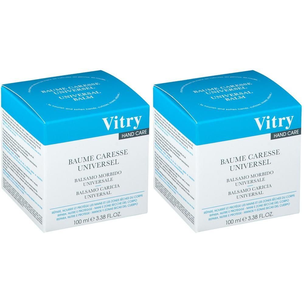 Deux boîtes de Vitry Baume Caresse Universel Soin des mains, 100 ml.