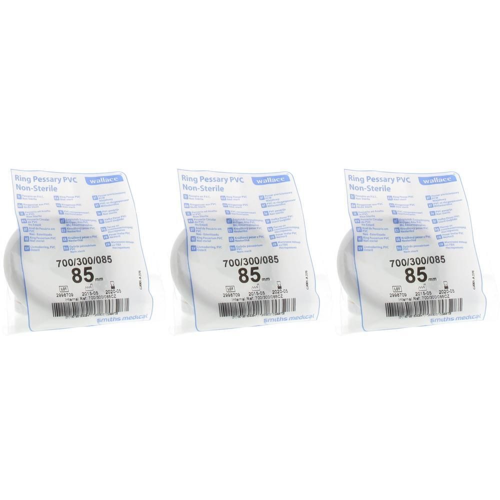 Drie Portex ring pessaria's van PVC, diameter 85 mm, niet steriel verpakt.