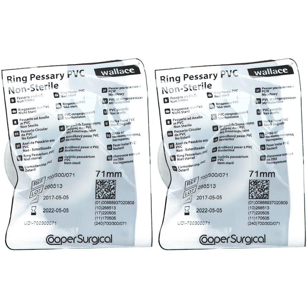 Deux anneaux pessaires en PVC non stériles, diamètre 71 mm, par Cooper Surgical.