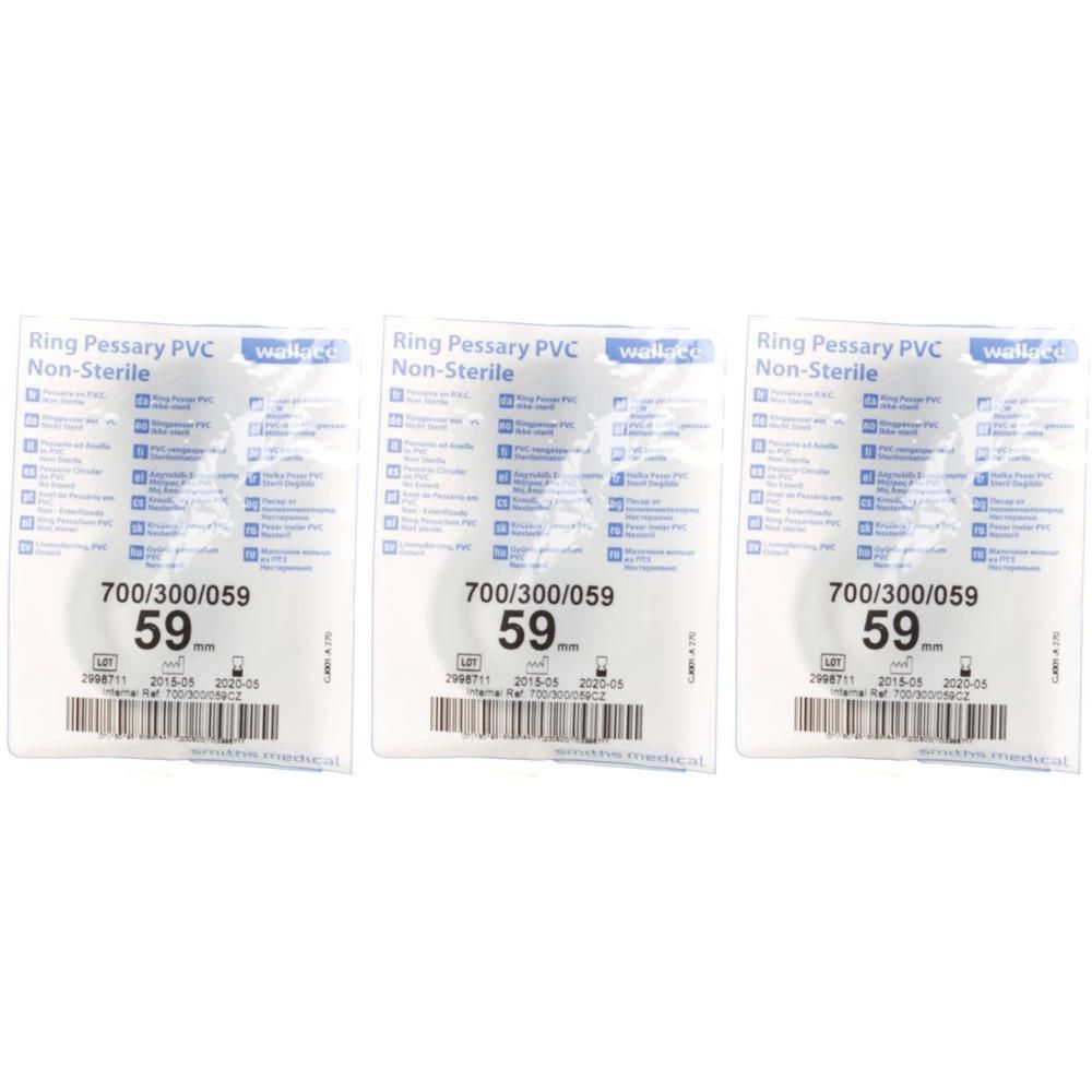 Drie verpakkingen Portex Ring Pessarium PVC, diameter 59 mm, niet steriel.