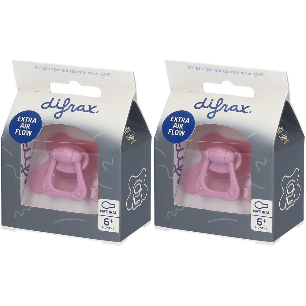 Deux sucettes Difrax roses, 6+ mois, avec inscription "Extra Air Flow".
